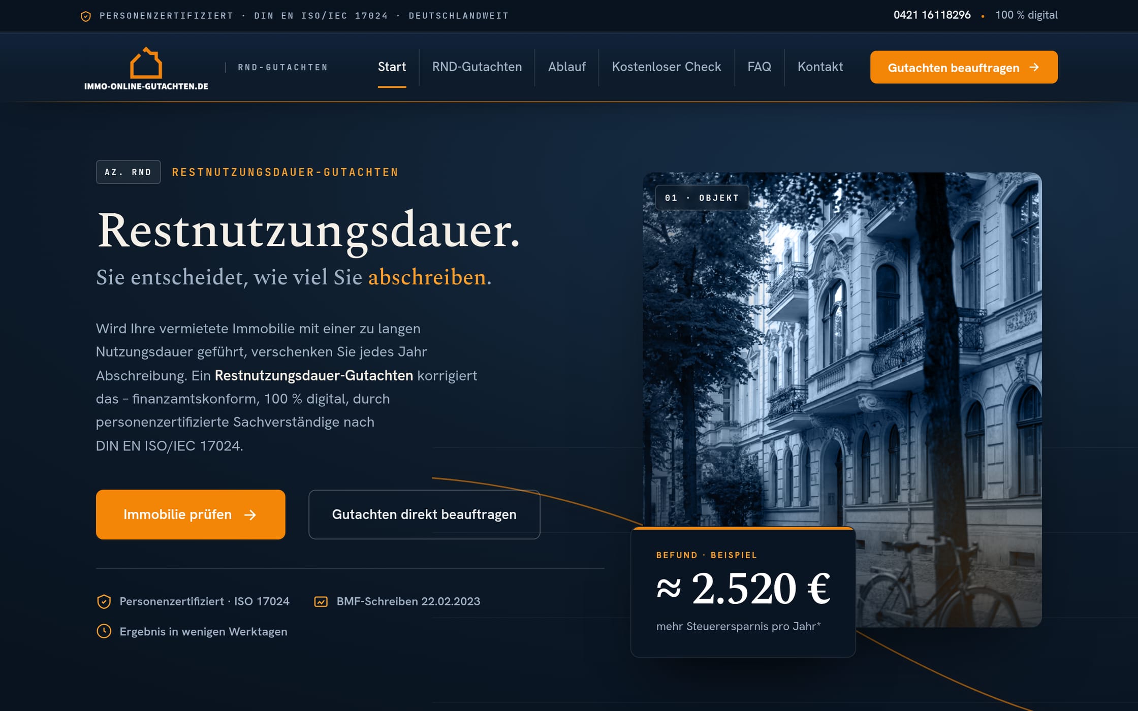 Startseite von immo-online-gutachten.de – Plattform für Restnutzungsdauer-Gutachten
