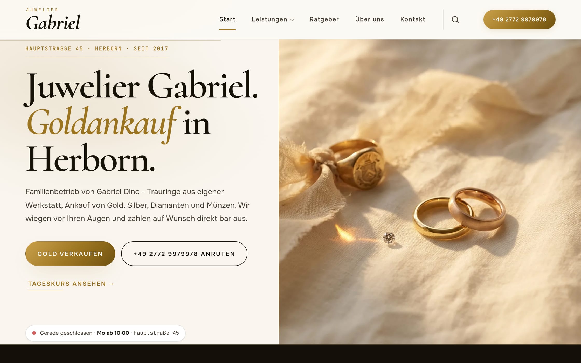 Startseite von Juwelier Gabriel in Herborn mit Goldankauf-Einstieg