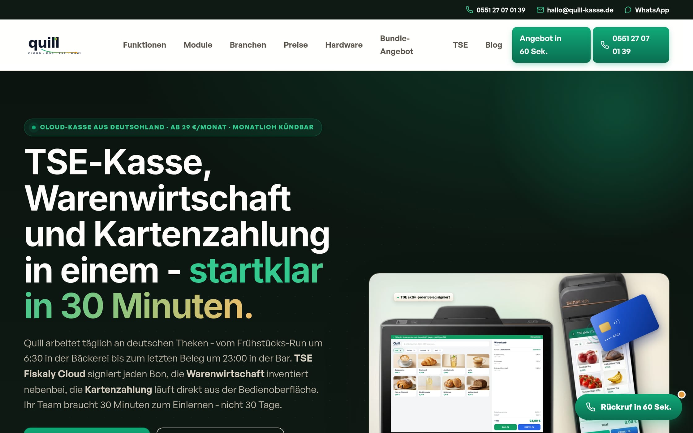 Startseite von quill-kasse.de, der Produktseite unseres Kassensystems Quill
