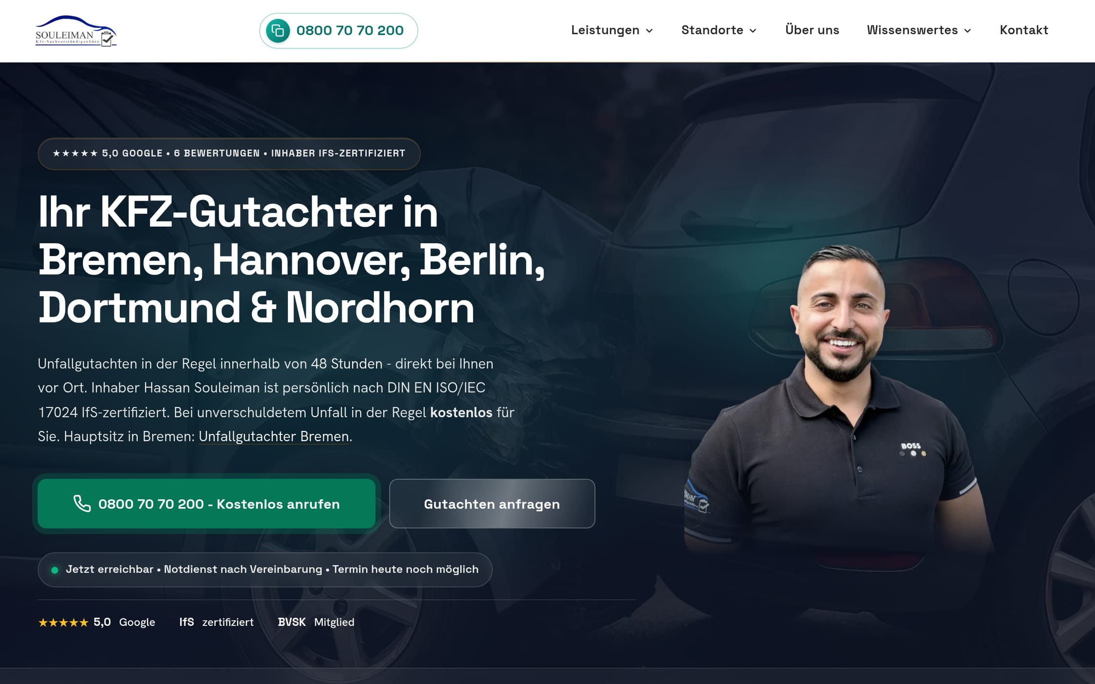 Startseite des KFZ-Gutachterbueros SV Souleiman mit Standortauswahl